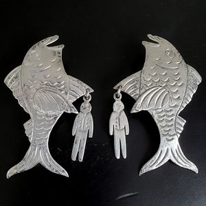 Mexico 925 sterling fish human stud earrings large vintage